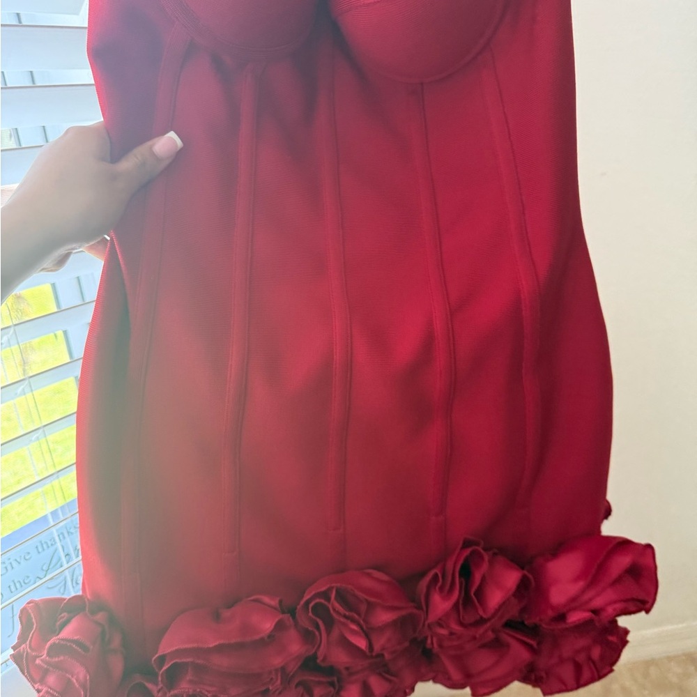 Elegant Red Dress with Floral Hem